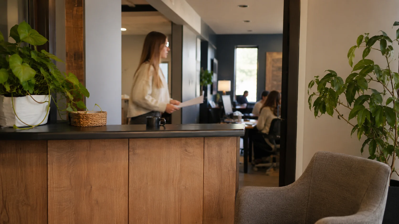 Modern office reception and open workspace