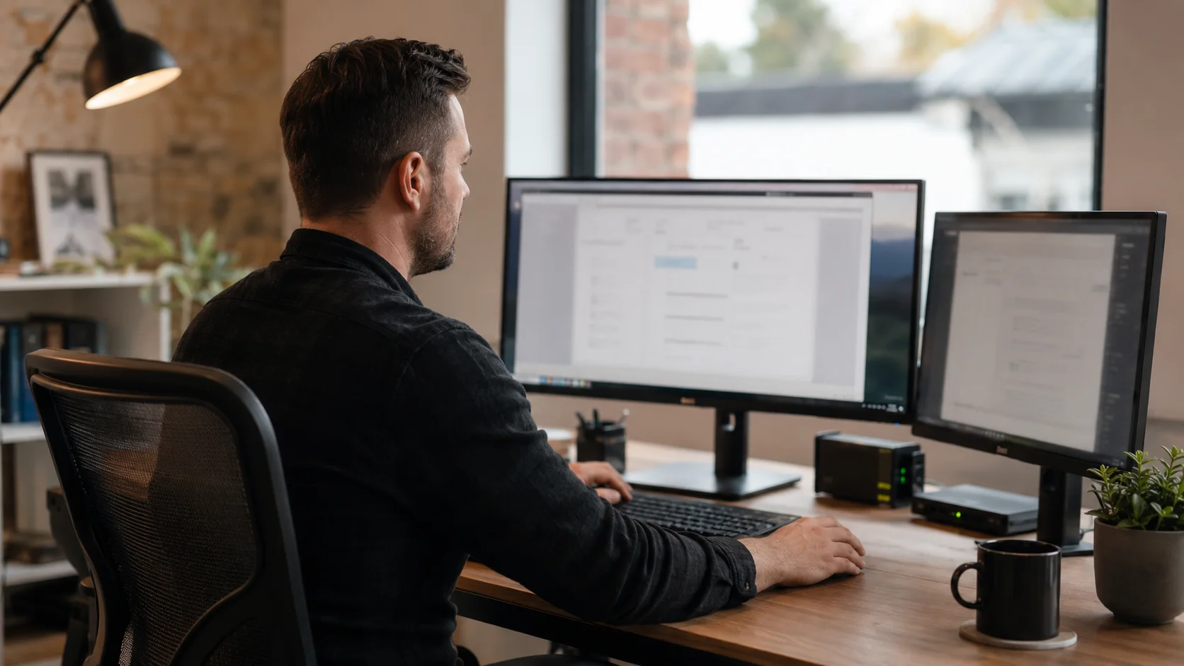 Professional at a dual-monitor workstation with modern business technology