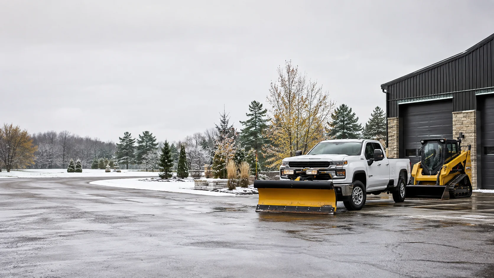 Pickup truck with snowplow and skid steer at a commercial property