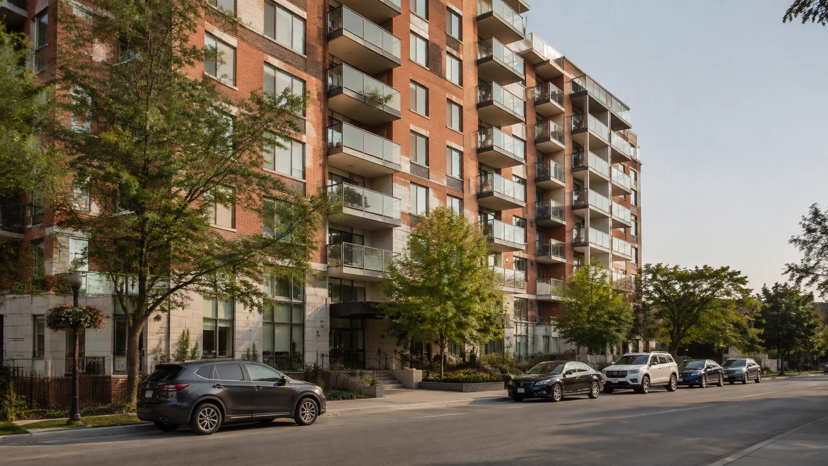 Modern multi-story condominium building with balconies