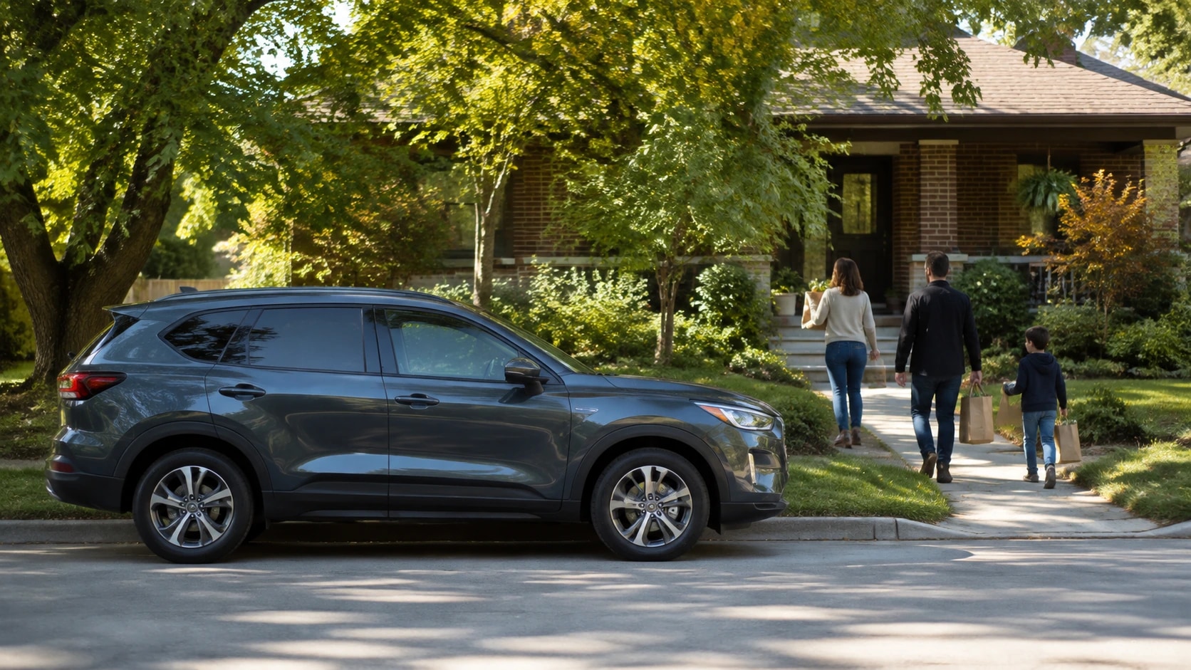 Family walking from their car toward their suburban home with groceries